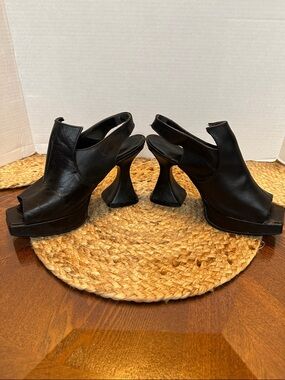 John Fluevog Black Leather Open-Square Toe Slingback Heels